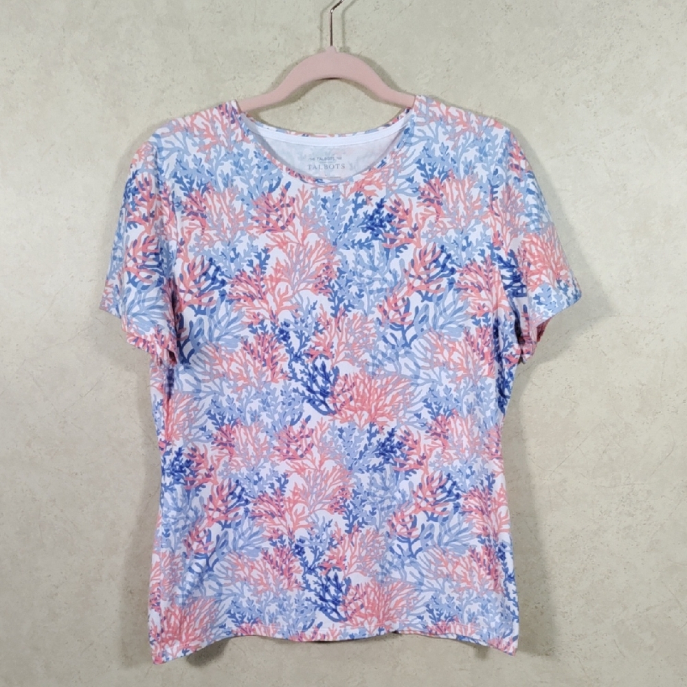 6181 Talbots blue & peach coral print S/S tee L